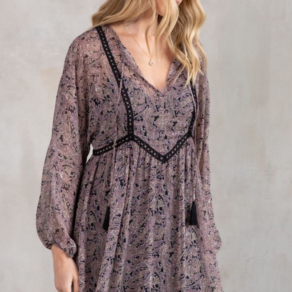 NWT Purple & Black Boho Paisley Print Long Sleeve Dress With Tassels - Picture 2 of 8